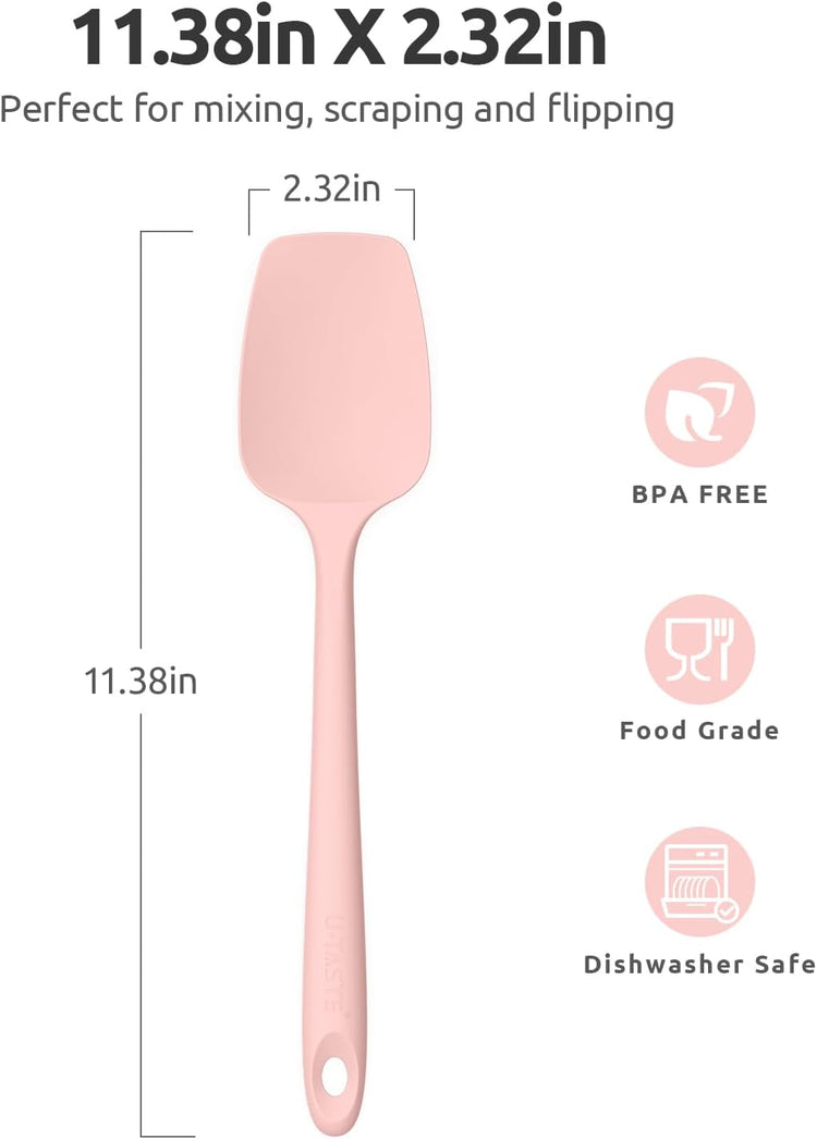 Heat Resistant Silicone Spoon Spatula: U-Taste 600ºF High Heat Flexible 11.38in Silicon Mixing Stirring Cooking Scraping Baking Bowl Scraper, Seamless for Kitchen Nonstick Cookware (‌Pink‌)