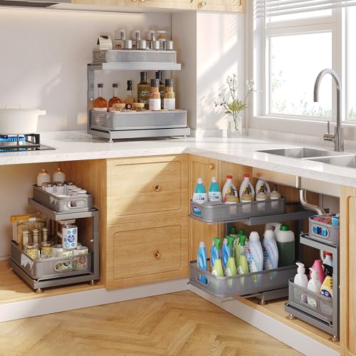 2 Pack Under Sink Storage Organizer with 2 (Gun Gray / 2 Pack-15.4"Dx11.8"-16.5"H)