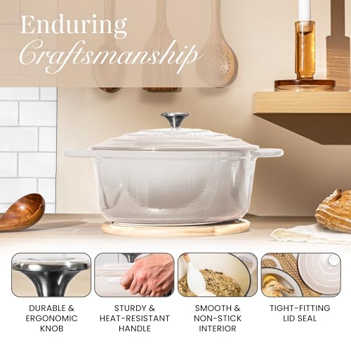 Enamelled Cast Iron Dutch Oven Pot with Lid 6.4 Quart Non Stick Casserole Pot (Oyster / 6.4-Quart - Deep)