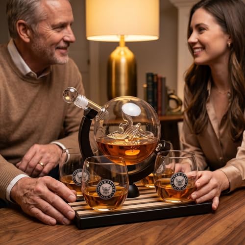 U.S. Navy Globe Whiskey Decanter Set with 4 Liquor Glasses