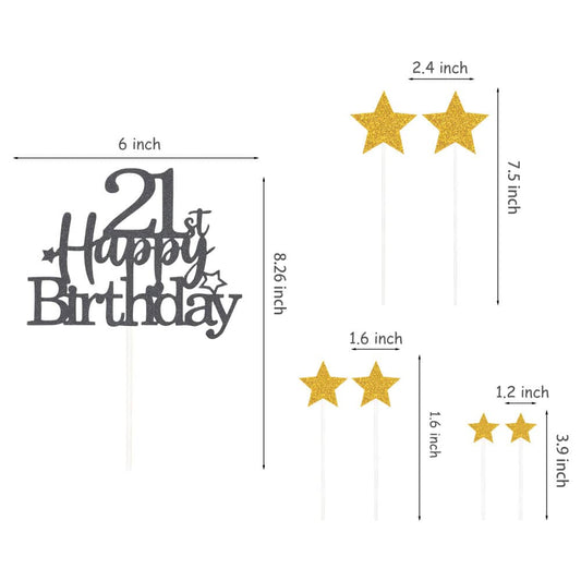 Black Gold 21st Birthday Cake Topper with Glittery Stars (7 Count)