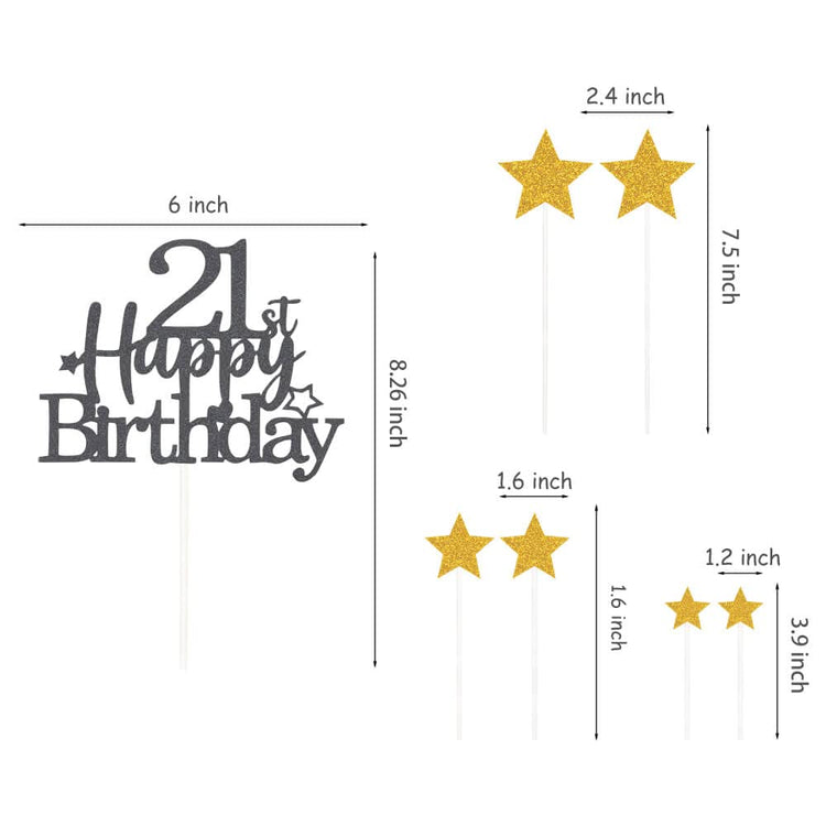 Black Gold 21st Birthday Cake Topper with Glittery Stars (7 Count)
