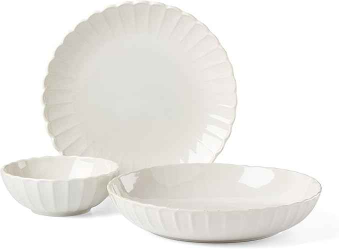 Lenox Dinnerware Set, French Perle Scallop White 12-Piece Set, Service For 4, Stoneware, Dishwasher Safe, Microwave Safe, Plates and Bowls sets, Dish Set, Plate Set, Home And Kitchen (White, 12 Piece)