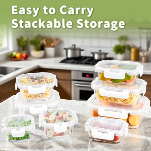 8 Pack Glass Food Storage Containers with Snap Locking Lids for Meal Prep (White / 8 Pack)