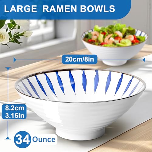 8 Inch Ramen Bowl Set 2 Large Japanese Bowls Ceramic Microwavable 8pcs (White / 8 INCH 2 Set)