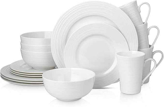 Stone Lain Eleanor Bone China 16 Piece Dinnerware, Plates and Bowls for 4, White Dish Collection with Mugs, Elegant Swirl Design, Microwave & Dishwasher Safe