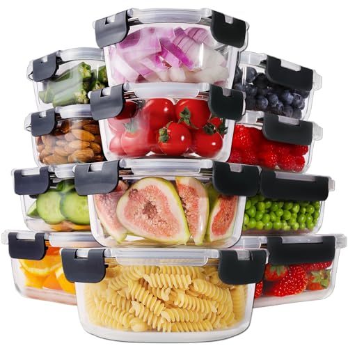 24pc Glass Food Storage Containers with Lids (Deep Black / 12 Pack)