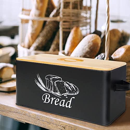 Bread Box with 3pcs Jars Coffee Sugar Tea for Kitchen Countertop White Metal Bread Box with Bamboo Board Cover Pastry Storage Container Set Kitchen decor (Black Box)