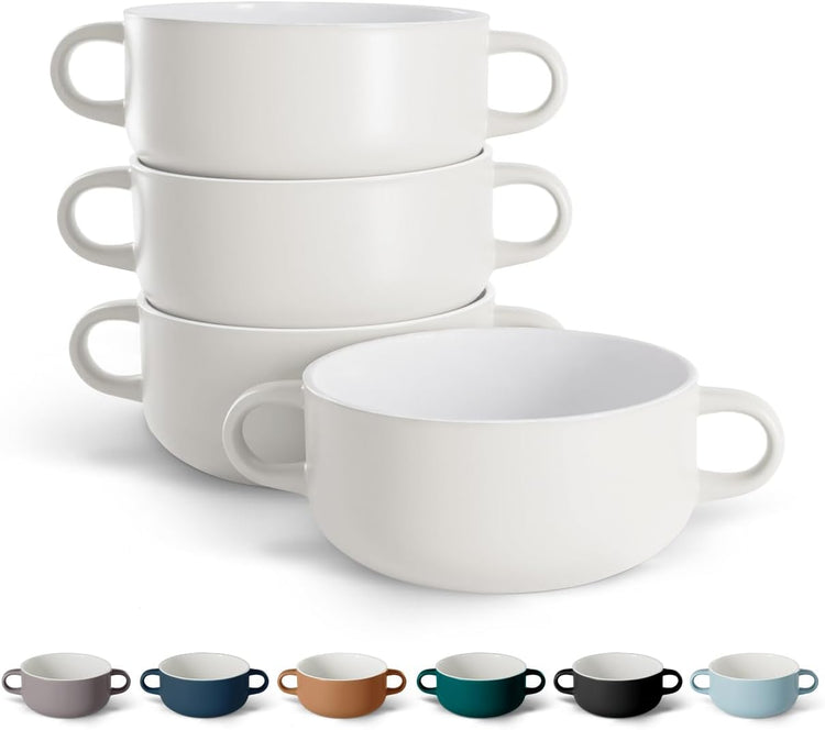 Kook Soup Crocks, Ceramic Bowls, Broil, Oven, Microwave and Dishwasher Safe, with Handles, For Casserole, Pasta, Cereal, 18 oz, Set of 4 (Coconut White)