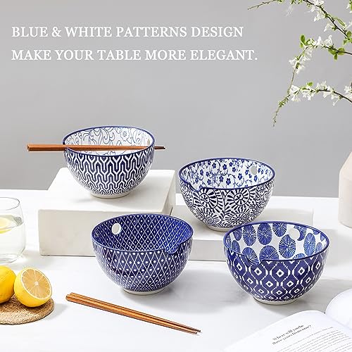 Ceramic Ramen Bowls Set (6 inch, 4pcs / Vintage Blue)