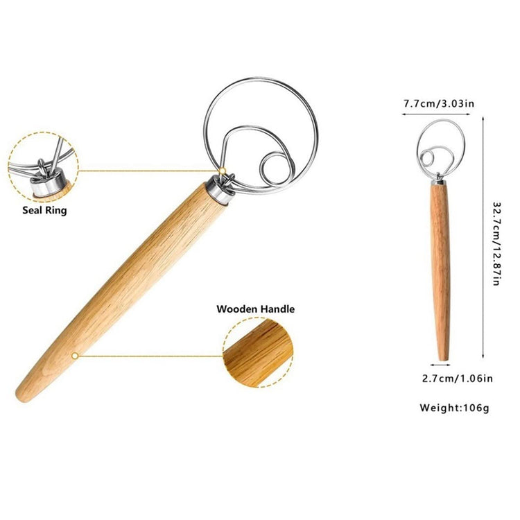 Danish Dough Whisk 13" Stainless Steel Bread Whisk Bread Making Tools Danish Dough Hook Bread Dough Mixer Hand Bread Dough Whisk for Pastry