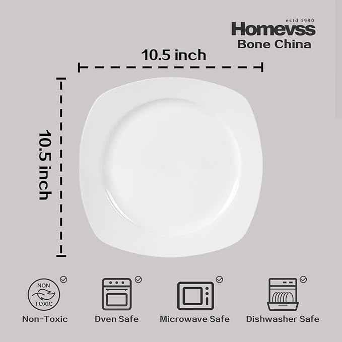 HomeVss, New Bone China Dinnerware Set, Coupe Square Shape, 20pc Set