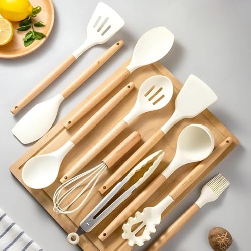 Silicone Cooking Utensils Set [12 (Cream)
