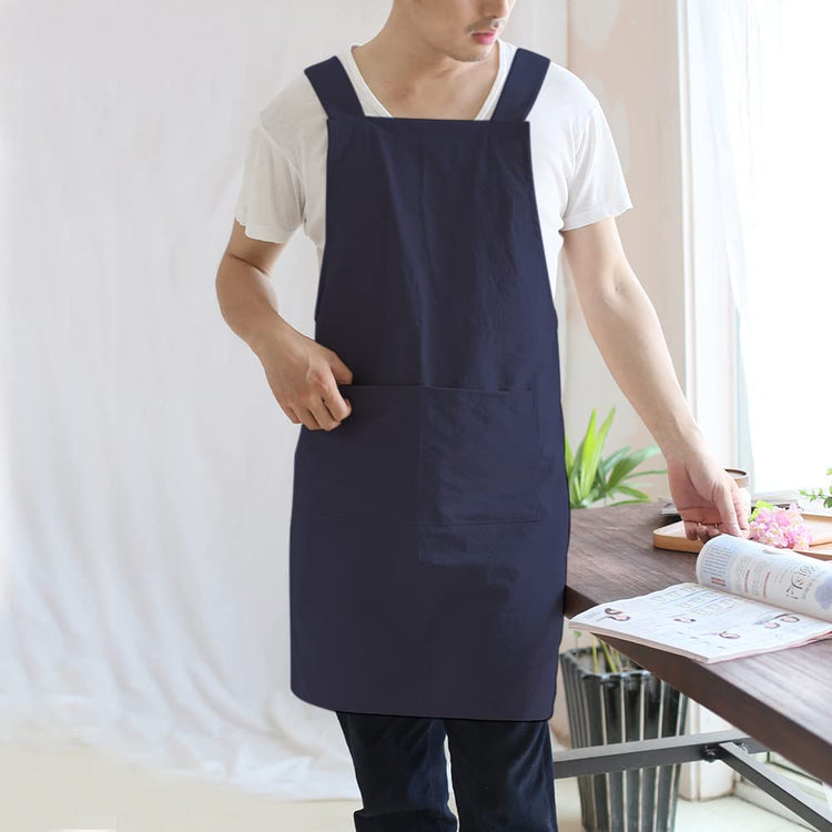 Japanese Linen Cross Back Kitchen Cooking Aprons for Men with Pockets for Baking Painting Gardening Cleaning Navy
