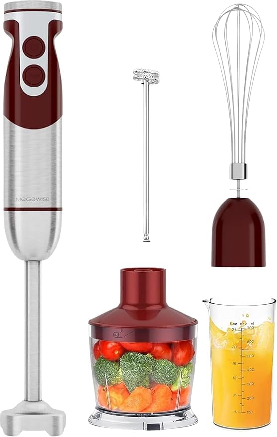 5-in-1 Immersion Hand Blender Set with Variable Speed, 400W, Stainless Steel - Includes Chopper, Whisk, Milk Frother, and Beaker - Ideal for Soups, Smoothies, Baby Food & More (RED)
