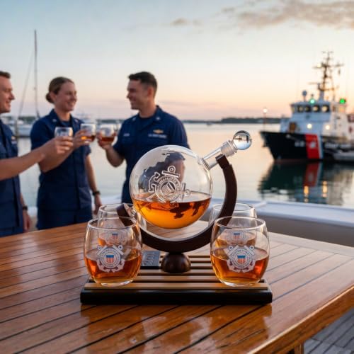 U.S. Coast Guard Globe Whiskey Decanter Set with 4 Liquor Glasses