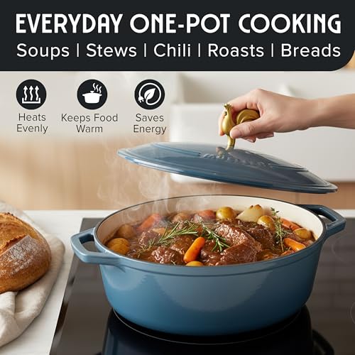 5.5 Quart Enameled Cast Iron Oval Dutch Oven w Rooster Knob & Cotton Potholders