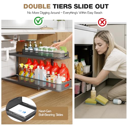 2 Pack 21.3 IN Depth Under Sink Organizer With Next (Gun Gray / 2 Pack-21.3"Dx11.8"-16.5"H)