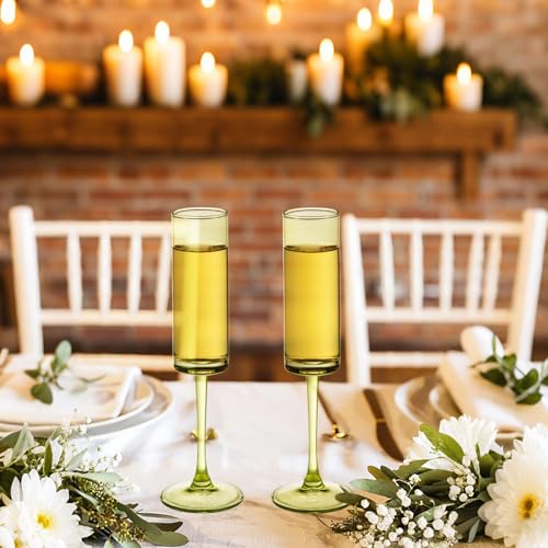 6 Pieces Green Champagne Flutes 6 OZ Straight Sided Wine Glasses Champagne Long Stem Drinking Colored Glasses (6 Count)