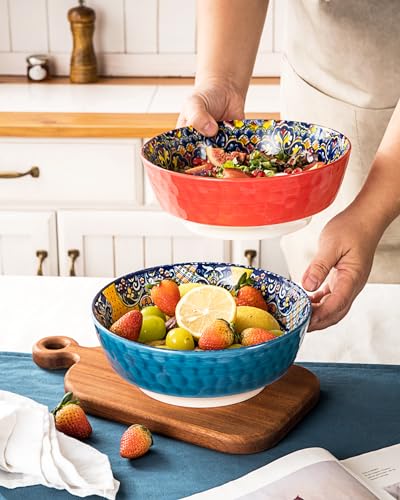 Large Salad Bowl Sets for Serving Pho (Blue+Red / 48 Oz)