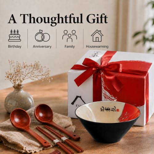 Japanese Ramen Bowl Set with Red Fuji Design (Red Fuji / 9 inch)