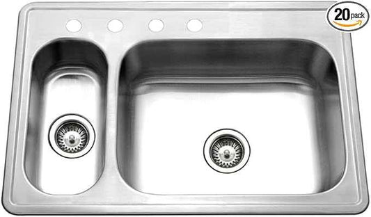 Houzer Legend Stainless Steel Kitchen Sink - 33 Inch Topmount 4-Hole 80/20 Double Small Left Bowl Kitchen Sink, Durable & Versatile, Nested 20-Pack - LHD-3322-20