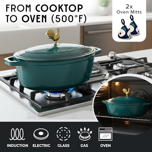 5.5 Quart Enameled Cast Iron Oval Dutch Oven with Rooster Knob and Cotton Potholders