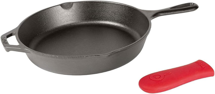 Lodge 12 Inch Cast Iron Skillet with Red Silicone Hot Handle Holder – Pre-Seasoned Frying Pan for Stove, Oven, Grill & Campfire – Made in the USA – Durable, Nonstick Cast Iron Cookware – Black - Nestoria