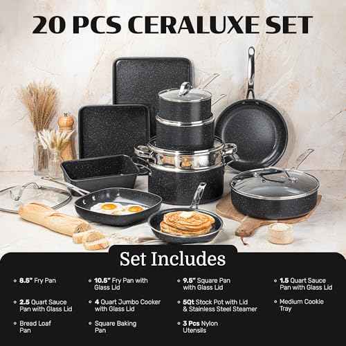 Ceraluxe 20Pc Pots and Pans Set Non Stick Ceramic Cookware Set (20 Count)