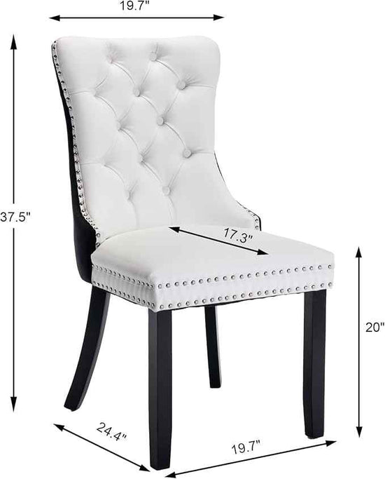 Dining Room Chairs Set of 4, Upholstered Dining Chairs with Back Ring Pull Trim and Solid Wood Legs, Modern Tufted Kitchen Chairs for Dining Room, White Pu Leather Splicing Black Velvet