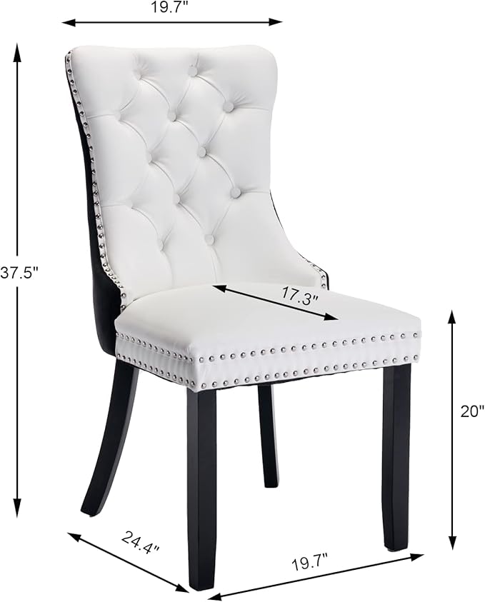 Dining Chairs Set of 2, Upholstered Dining Room Chairs with Back Ring Pull Trim and Solid Wood Legs, Modern Tufted Kitchen Chairs Perfect for Dining Room, White Pu Leather Splicing Black Velvet