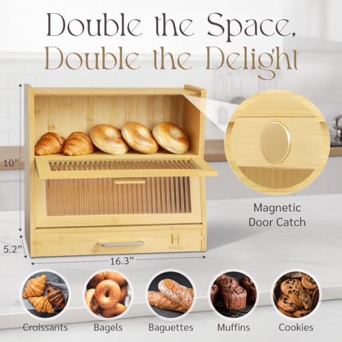 Bread Box for Kitchen Countertop (Natural Wood)