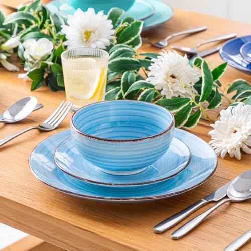 Bonita Plates and Bowls Set 18 Pieces Blue Stoneware Service for 6 (18 Count)