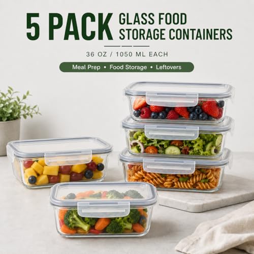 5 Pack 36oz Borosilicate Glass Food Storage Containers Set with Lids (clear)