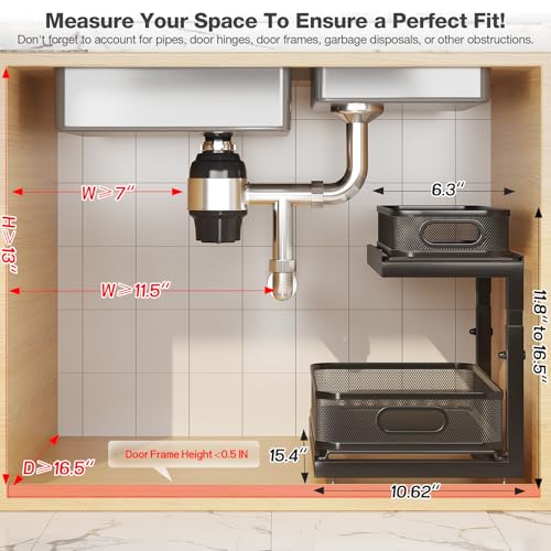 2 Pack Under Sink Storage Organizer with 2 (Black / 2 Pack-15.4"Dx11.8"-16.5"H)