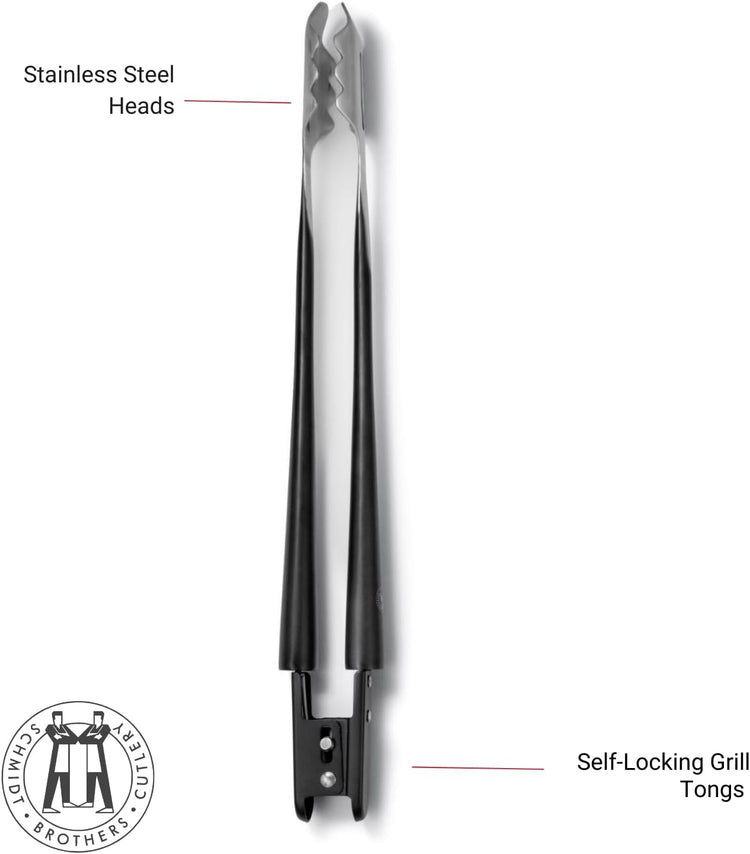 Schmidt Brothers - BBQ Carbon 6, 4-Piece Grilling Accessory Set, Full-Forged Stainless Steel Grilling Utensils Including Spatula, Fork, Basting Brush, and Tongs with All Wood Handles