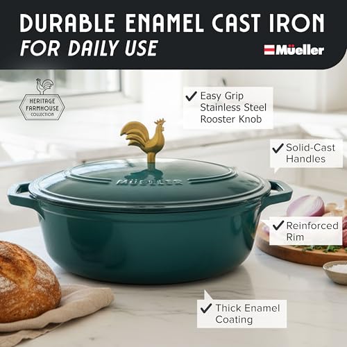 5.5 Quart Enameled Cast Iron Oval Dutch Oven with Rooster Knob and Cotton Potholders