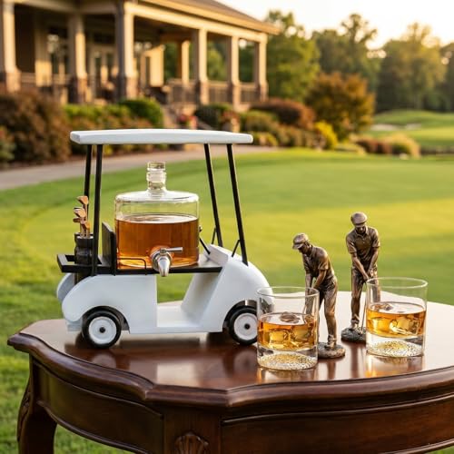 Luxury Golf Cart Whiskey Decanter Set with 2 Golfer Glasses