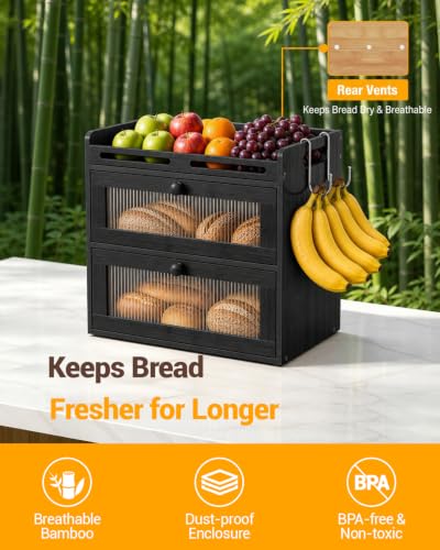 Bread Box for Kitchen Countertop (Black / 2-Tier)