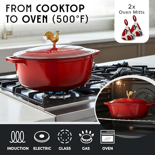 5.5 Quart Enameled Cast Iron Oval Dutch Oven w Rooster Knob & Cotton Potholders