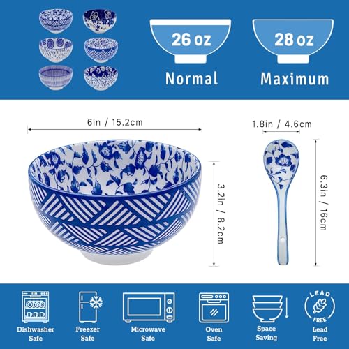 28Oz Ceramic Soup Ramen Bowl Set of 6 with Spoon Gift Box (6in-Bowls Set-6)