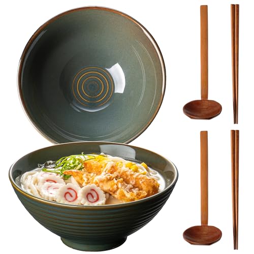 8 Inch 40oz Large Japanese Ramen Bowl Set of 2 (Retro Cyan)