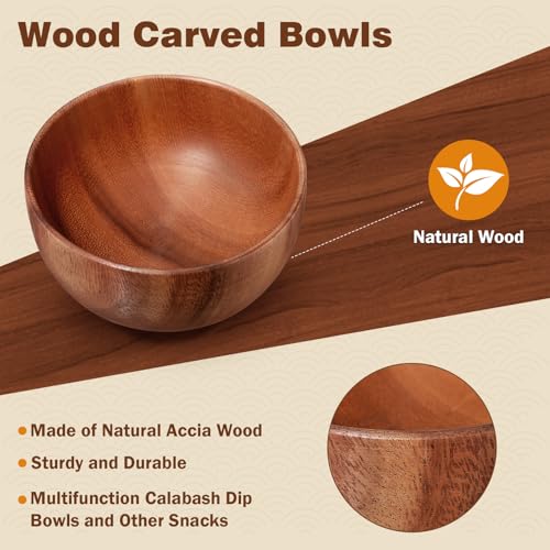 12 Pcs 5in Acacia Wooden Bowls Small Calabash Bowls Round Wood Salad Hand Carved Calabash Dip Tray for Serving Popcorn Pasta Candy Cereal Coconut Nuts Sauce Appetizers Kitchen