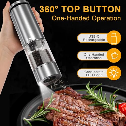Electric Salt and Pepper Grinder Set USB Rechargeable (Charging Base-Stainless Steel Set)