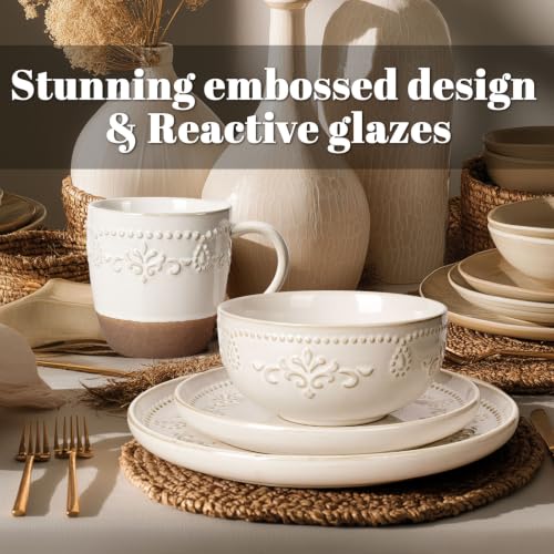 4 Piece Handcrafted Ceramic Dinnerware Set with Mugs (Damask Floral (4 Pieces) (White))