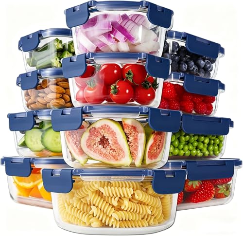 24pc Glass Food Storage Containers with Lids (Deep Blue / 12 Pack)