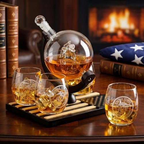U.S. Marine Globe Whiskey Decanter Set with 4 Liquor Glasses