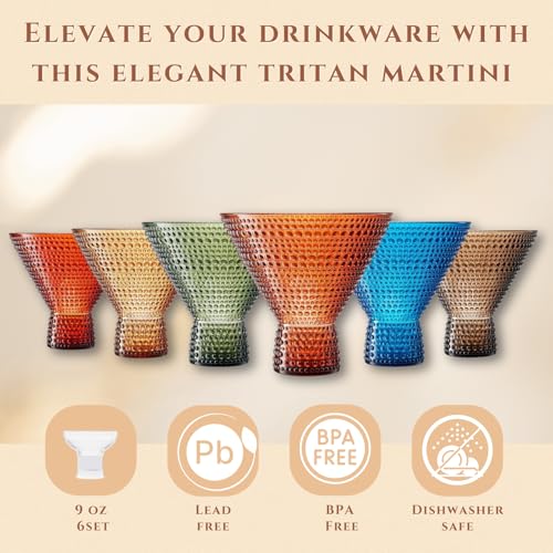 Plastic Hobnail Martini & Cocktail Drinking Glasses Set of 6 Neutral Tones Cups 14oz
