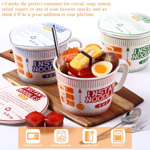 6 Pcs Japanese Ramen Bowl Set Includes 3 Pcs Instant Noodle Bowl with Lid Microwave Ramen Noodles Cup Holder 3 Pcs Silverware Set Flatware Sets for Home Office College Dorm Room (39 oz)