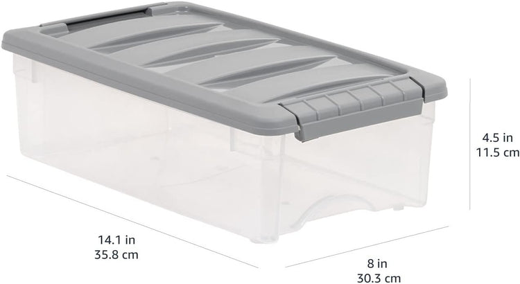 Amazon Basics Plastic Storage Containers with Secure Latching Lids, Stackable Organization Bins, Clear/Grey, 5 Quart, Set of 10